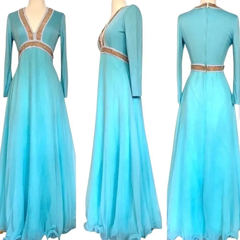 RARE Vintage 1970’s Lillie Rubin Aqua Flowy Maxi Gown